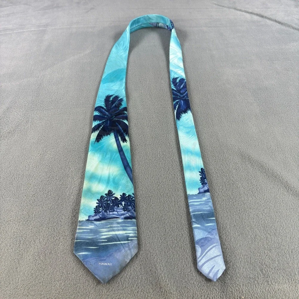 Tropical Hawaii Handmade Palm Tree Island Scenic Print Blue Turquoise‎ Necktie